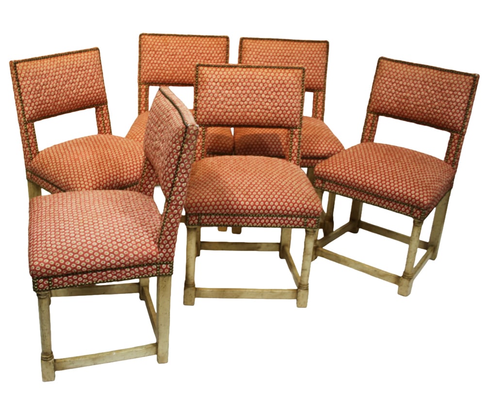 Set of Custom Louis XIII Style Dining Chairs, Don Ruseau: Set of (6) custom Louis XIII style dining chairs by Don Ruseau, New York City, 36" H x 22" W x 19" D. With classic Ruseau side chair silhouette, "hock" distressed antique legs, and hand-applied