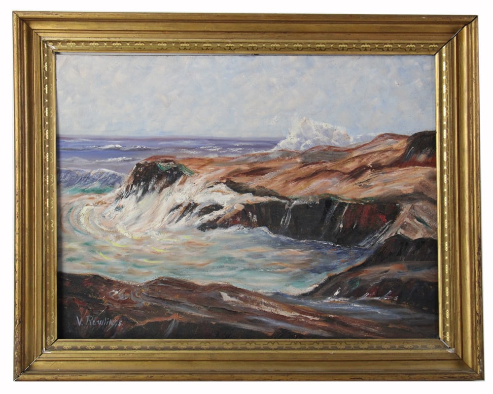 V. Rawlings, Ocean with Rocky Shore, Oil on Board: V. Rawlings, ocean with rocky shore, oil on board, 24" x 18", framed 28" x 22". Provenance: Somerville, Massachusetts collection.