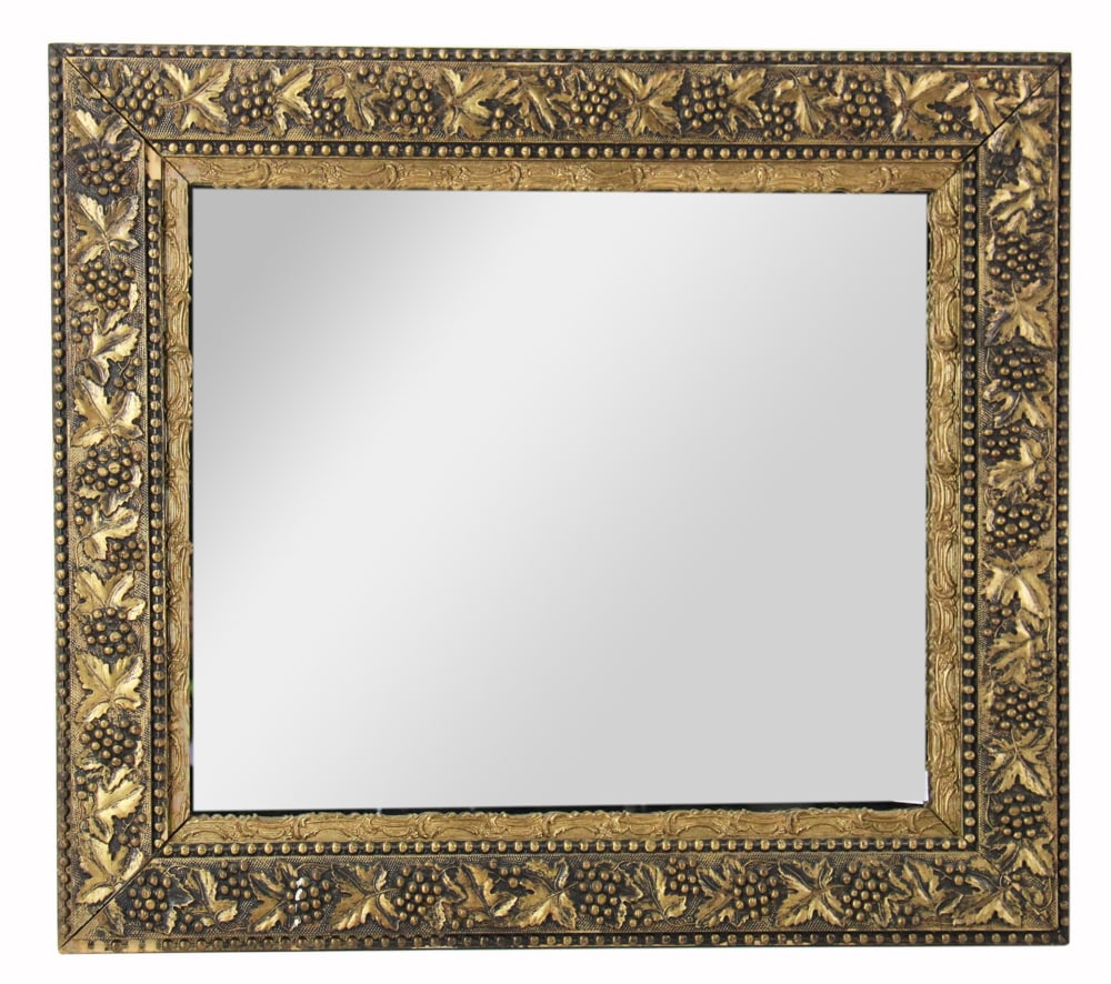 Vintage-style Mirror with Ornately Carved Frame: Vintage-style mirror with ornate gilded carved wood frame with grape and leaf motif, 28" x 32". Provenance: Somerville, Massachusetts collection.
