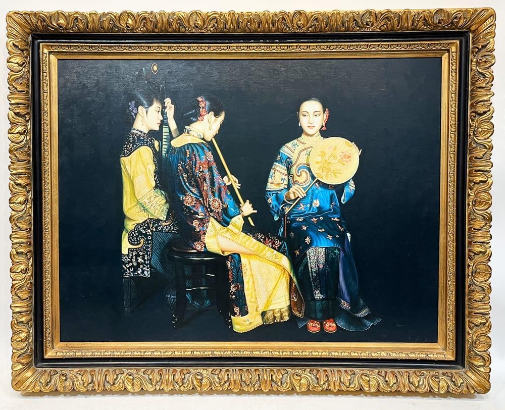 Japanese Oil on Canvas of Three Women: Japanese oil on canvas of three women, 48" x 36" (image), framed 45" x 59". Provenance: Stoneham, Massachusetts collection.