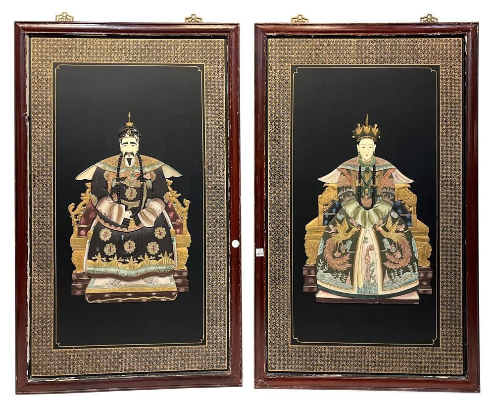Pair of Emperor and Empress Wall Hangings: Pair of Emperor and Empress wall hangings having hardstone inlay, 24" x 6" (image), framed 48" x 30". Provenance: Stoneham, Massachusetts collection.