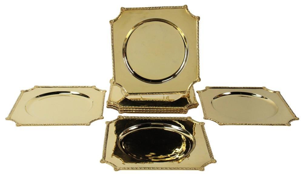 Mottahedeh Brass Chargers: Mottahedeh brass chargers, 11" x 11", (8) total. Provenance: David Laurence Roth Furnishings Collection.