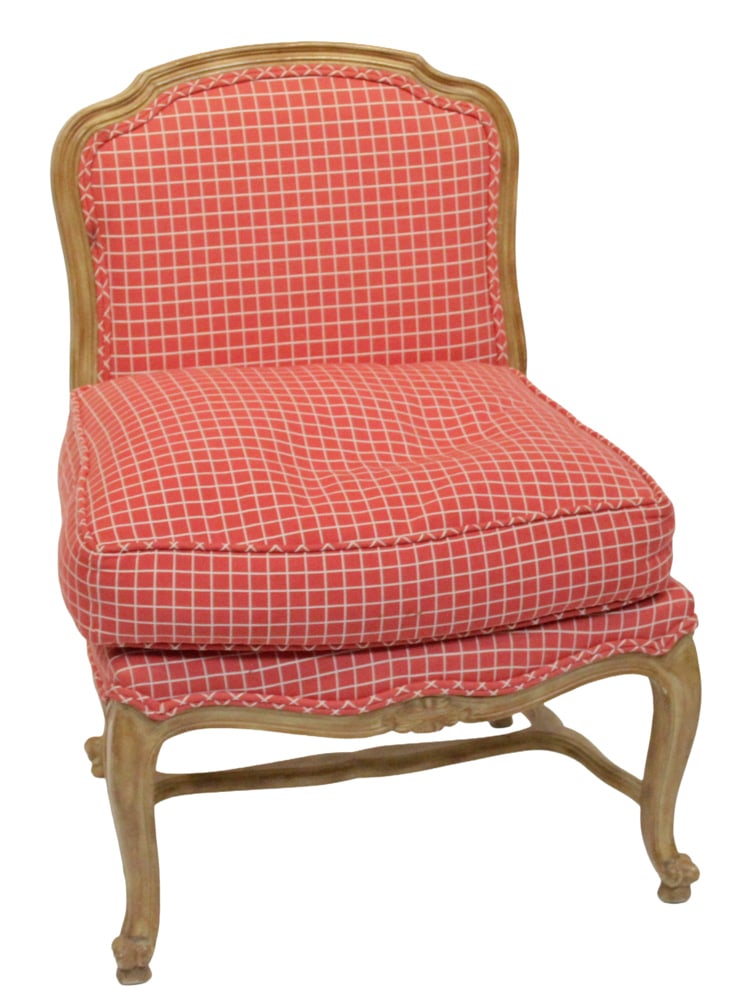 Side Chair in Red Tattersall Upholstery, Don Ruseau: Side chair in red tattersall check upholstery, circa 1980s, Don Ruseau Inc., New York City. Carved frame and formal silhouette consistent with Ruseau's Louis XIII/Provincial French work. 34" H x 25"