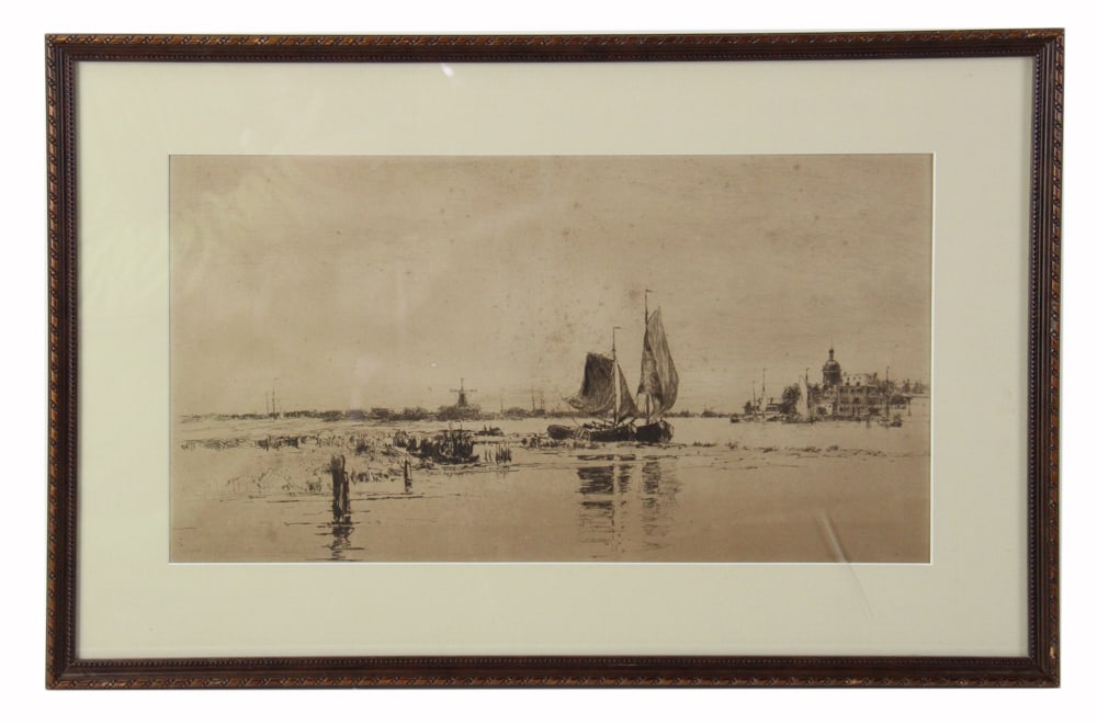 C.A. Platt, Sailboats on River, Etching: C.A. Platt (1861-1935), sailboats on river, etching, 9" x 17" (image), framed 14 1/2" x 22 1/2". Provenance: Cambridge, Massachusetts collection.