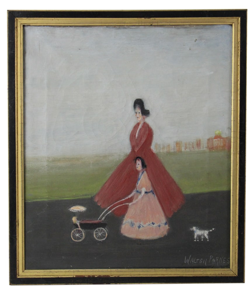 Walter Parkes, Mother and Daughter, Oil on Canvas: Walter Parkes, mother and daughter strolling, oil on canvas, signed L/R, 16" x 14", framed 18" x 15". Provenance: Middleton, Massachusetts estate.