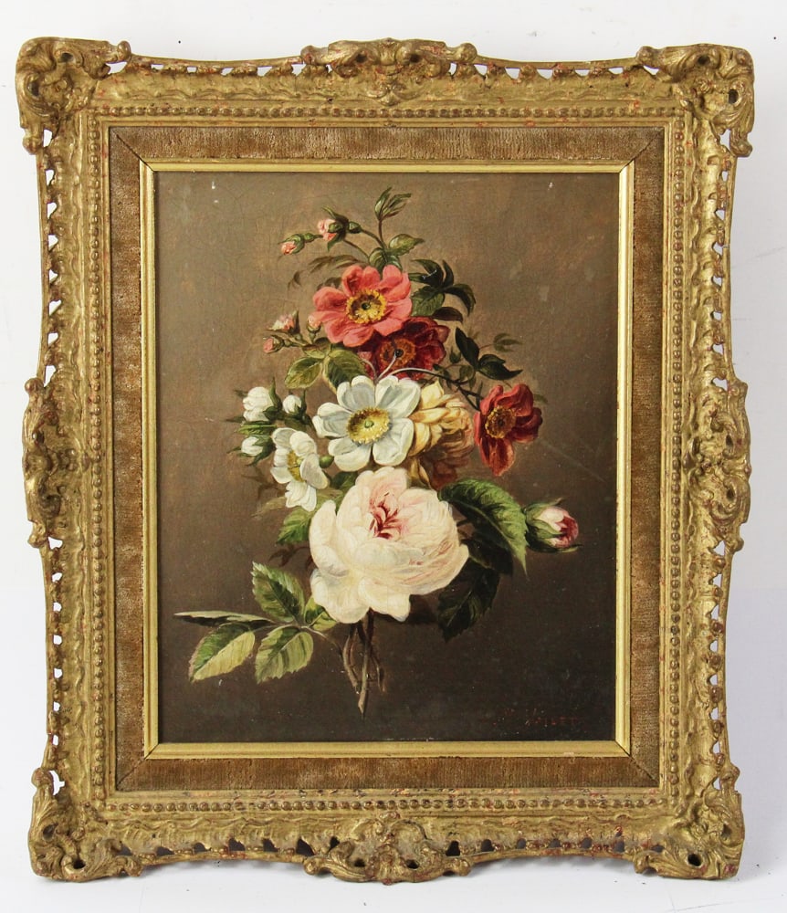 Floral Still Life, Oil on Canvas: Floral still life, oil on canvas, signed indistinctly "Vallet" L/R, 10" x 8", framed 14" x 12". Provenance: Middleton, Massachusetts estate.
