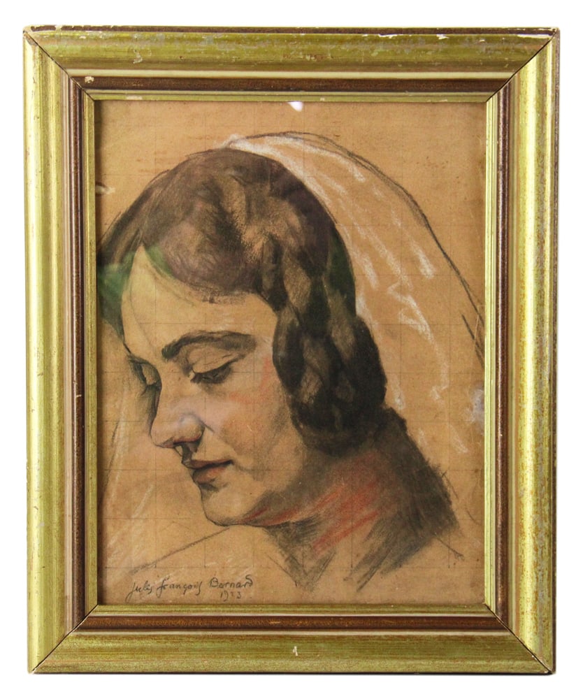 Jules-Francois Bernard, Portrait of Young Woman: Jules-Francois Bernard (French, 1884-1942), portrait of a young woman, charcoal pastel, 1923, 12" x 9", framed 15" x 13". Provenance: Beverly, Massachusetts collection.
