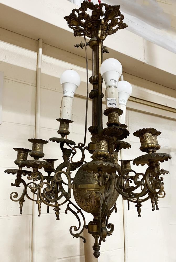 19thC 9-Light Brass Chandelier with Floral and Leaf Designs (1 of 5)