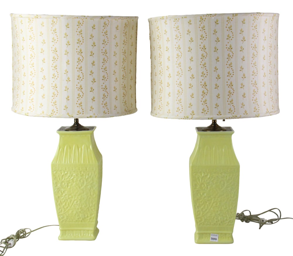 Pair of C1980s Lamps Attributed to Marbro Lamp Co.: Pair of circa 1980s yellow table lamps attributed to Marbro Lamp Company, the "gold standard" for designers like Roth in the 1970s and 80s. They specialized in taking high-quality imported ceramics, p