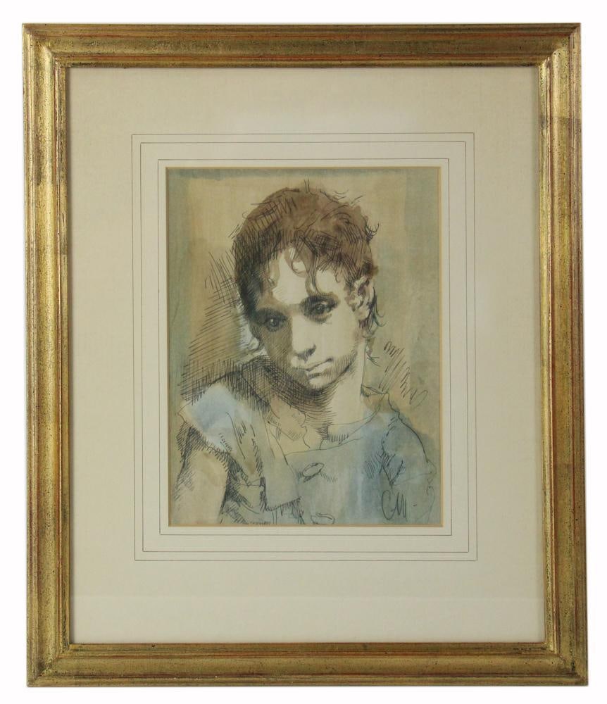 Conger Metcalf, Portrait of Girl, Ink and Watercolor: Conger Metcalf (American, 1914-1988), portrait of a girl, ink and watercolor on paper, initialed "CM" L/R, 10 1/2" x 8" (sight). Provenance: Former collection of Robert and Claire Gilson of Chestnut