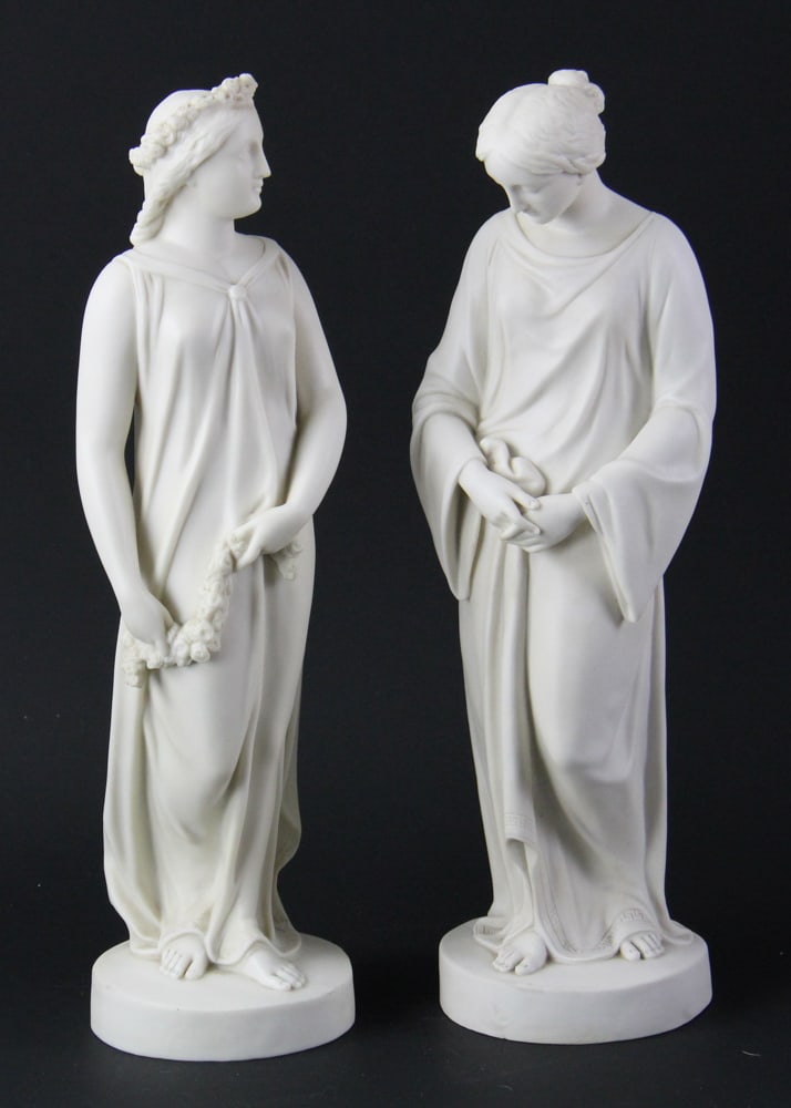 Pair of 20thC Parian Porcelain Figures of Females: Pair of 20th century Parian porcelain figures, one of draped female figure, and one of female figure "Beatrice". Both 16" H. Provenance: Reading, Massachusetts collection.