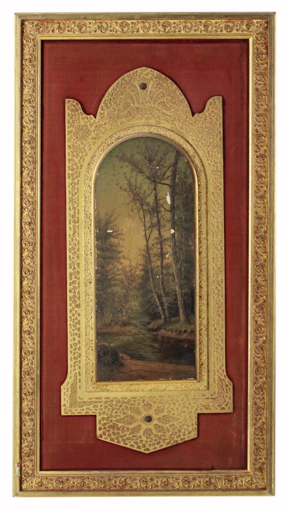 Forest Scene, Oil on Wood with Triptych Frame: Forest scene, oil on wood with ornate triptych frame, Earle's Galleries, Philadelphia label verso, 13" x 5 1/2", framed 26" x 14". Provenance: Somerville, Massachusetts collection.