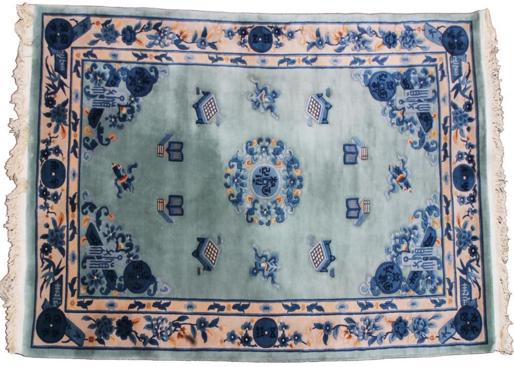 Blue and White Floral Wool Rug: Blue and white floral wool rug, 9' 3" x 6'. Provenance: New York estate.