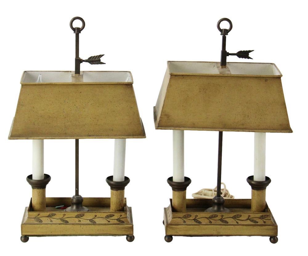 Pair of Tole Lamps: Pair of tole lamps, 17" x 10" x 6". Provenance: Middleton, Massachusetts estate.