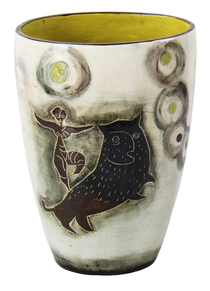Mid-century Pottery Vase Signed Stone Lain: Mid-century pottery vase, signed Stone Lain, 11" x 8". Provenance: From an old New England estate.