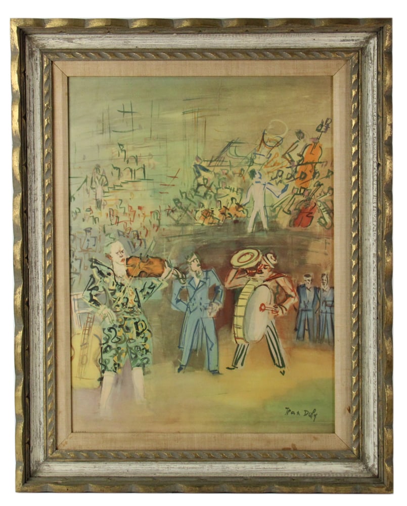 Jean Dufy, Circus Musicians, Colored Print: Jean Dufy (French, 1888-1964), circus musicians, colored print, 23 1/2" x 17 1/2", framed 30" x 25". Provenance: Naples, Florida collection.