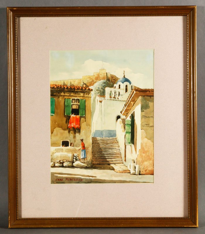 Peterson, Mediterranean Street Scene, W/C: Jane Peterson (1876-1965), Mediterranean street scene, watercolor on paper, signed lower left, matted and framed under glass, 14 1/2" x 11 3/8" (view), 23" x 19 1/2" (frame).