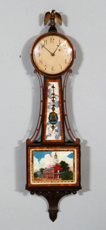 Waltham Banjo Clock: Waltham banjo clock with eglomise of Independence Hall eagle finial, 40"h. Provenance: Property of the Rex Trailer Estate.