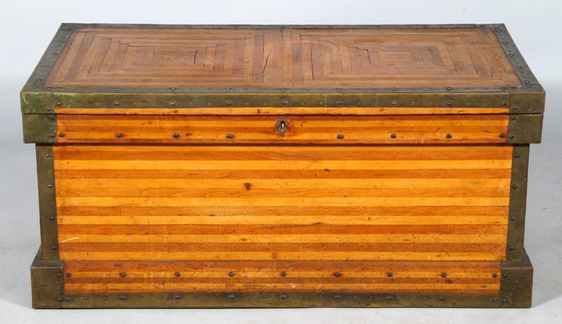 Everett Witham Inlaid Trunk: Everett Witham, Beverly craftsman, inlaid trunk with brass trim, built in the 1930s, ornately inlaid interior with key, 18"h x 31"w x 21 1/2"d.