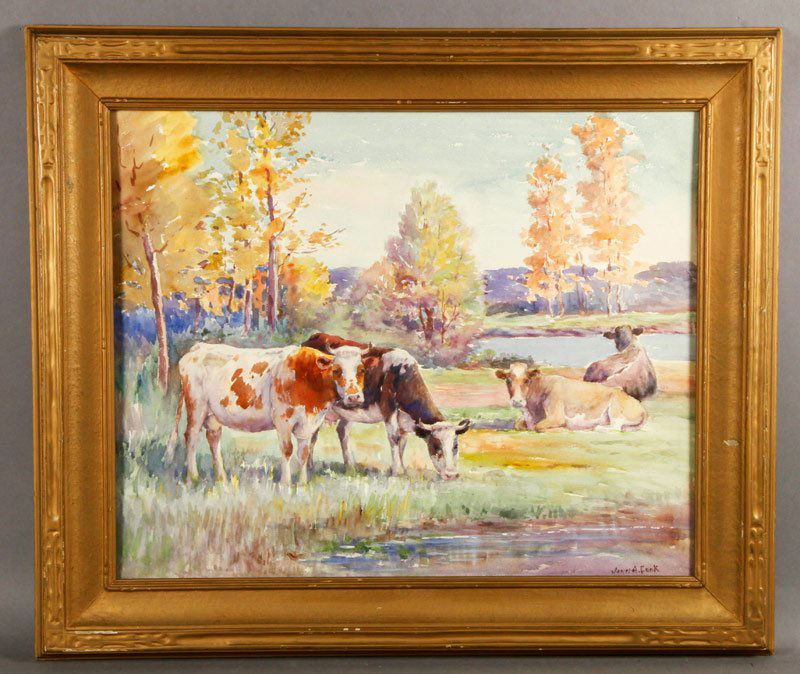 Cook, Cows at Riverside, O/C: John A. Cook (American 1870-1936), cows at riverside, oil on canvas, signed lower right, 20" x 24" (view), 23" x 27" (frame).
