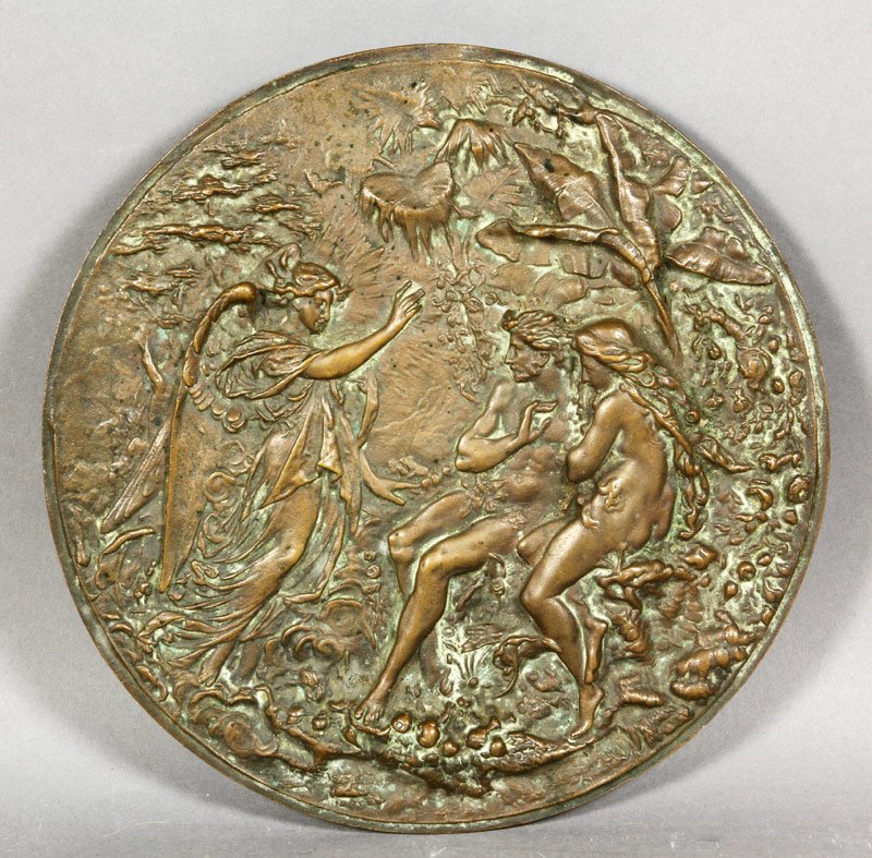 Bronze Plaque of Adam & Eve: Plaque of Adam and Eve with angel, bronze, illegibly signed, 9 1/2" dia.