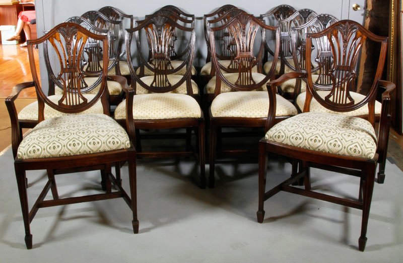 19th/20th C. Hepplewhite Style Dining Chairs: Late 19th/ early 20th century, Hepplewhite style dining chairs, twelve side chairs and two arm chairs, drop-in seats with cut velvet upholstery on side chairs, patterned upholstery on arm chairs, 38"h