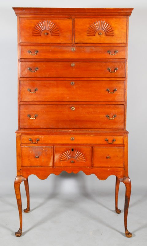 American Queen Ann Cherry Highboy: Early American Queen Ann highboy, cherry with fan carving and cabriole legs, 76"h x 37".