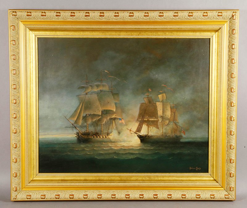Coole, USS President and the "Little Belt", O/B: Brian Coole, two ships, the USS President, 44 guns, Commodore John Rogers and the "Little Belt" British sloop of war, 20 guns, Capitan Bingham, oil on board, signed lower right, 19 1/4" x 24 1/4" (vie