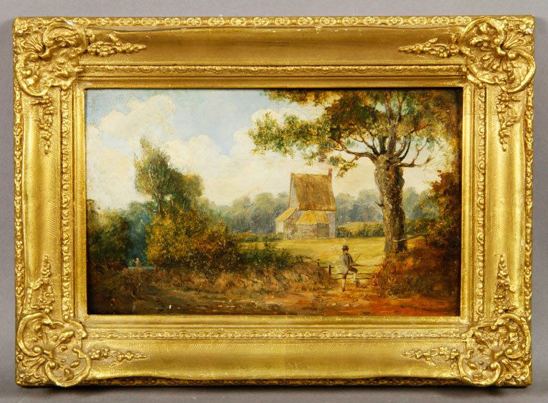 Stubbs, Landscape, O/P: George Stubbs (1724-1806), landscape with man by a fence, oil on panel, signed, 6 1/2" x 10 1/2" (view), 10" x 14" (frame).