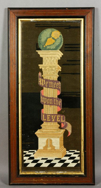 19th C. Masonic Needlework: 19th century Masonic needlework, "We meet upon the level", 24"h x 12"w (frame).