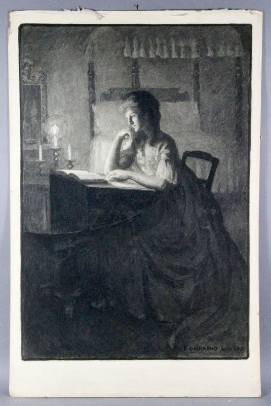 Waite, Three Charcoal Drawings: Emily Burling Waite (American 1887-1980), set of three charcoal drawings, 30" x 19.5", including; one depicting woman reading by candlelight at desk in her bedroom, signed E. Burling Waite in left cor