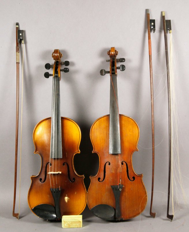 2 Vintage Violins and 3 Bows: Lot of two vintage violins in cases and three bows, one signed Voiron.