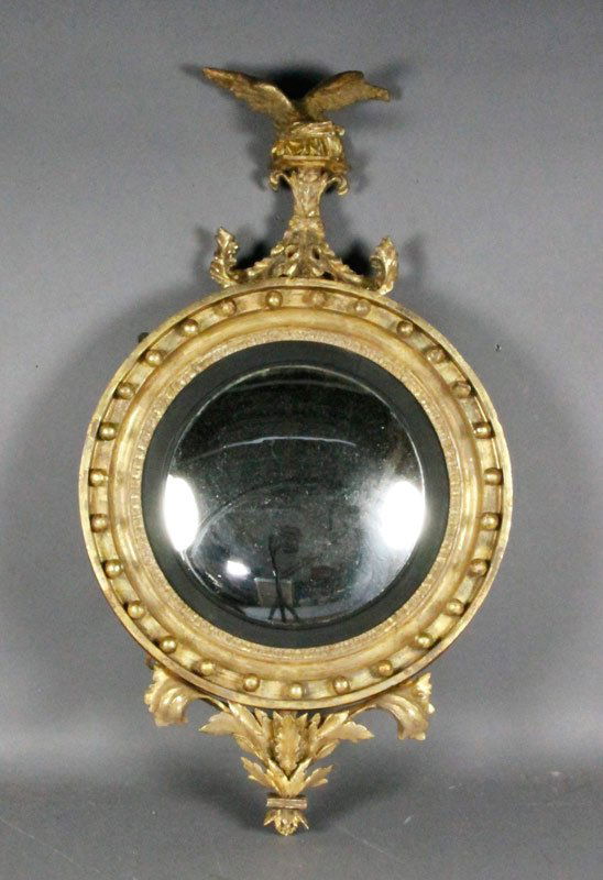 Federal Convex Gilt Mirror: Federal convex mirror, gilt, with eagle and twenty seven balls, circa 1820, 33 1/2" h x 18 1/2 " dia.