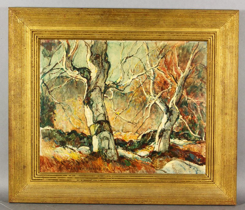Stevens, Birch Trees A/B: W. Lester Stevens, birch trees, acrylic on board, 16"x 20". Provenance: From a CT collector, gift from the artist's wife.