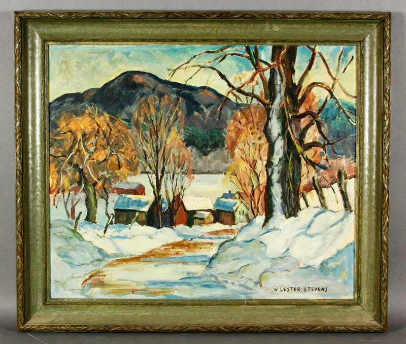 Stevens, Winter Snow Scene with Barn O/B: W. Lester Stevens, winter snow scene with barn, oil on board, 18" x 24". Provenance: From a CT collector, gift from the artist's wife.