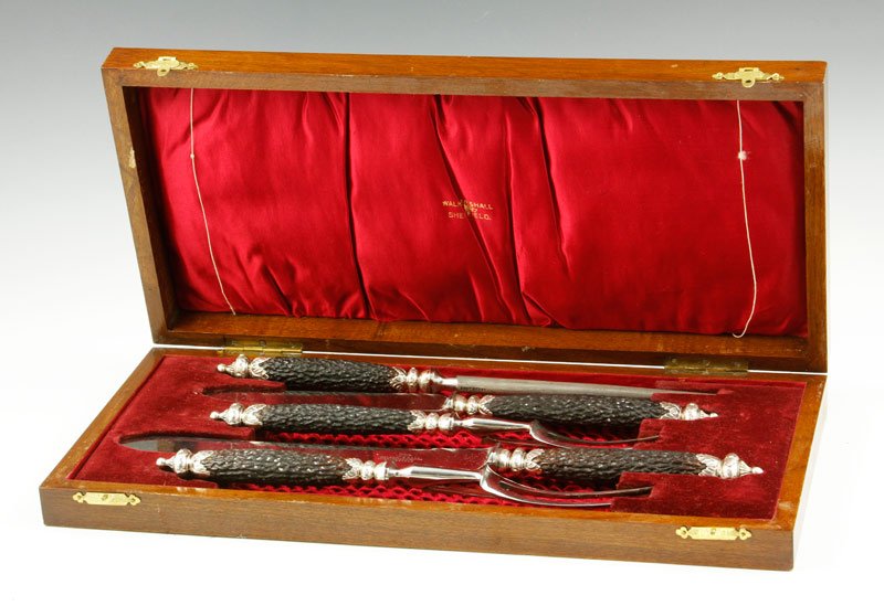 Walker and Hall Sheffield Sterling Carving Set: Sheffield Walker and Hall, carving set, fitted, cased with antler handles.
