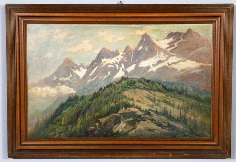 Clark, "Alaska", O/C: C. Myron Clark, "Alaska", oil on canvas, signed and dated 1921 lower right, 23" x 37" (view), 30" x 44" (frame). Scratches to paint.
