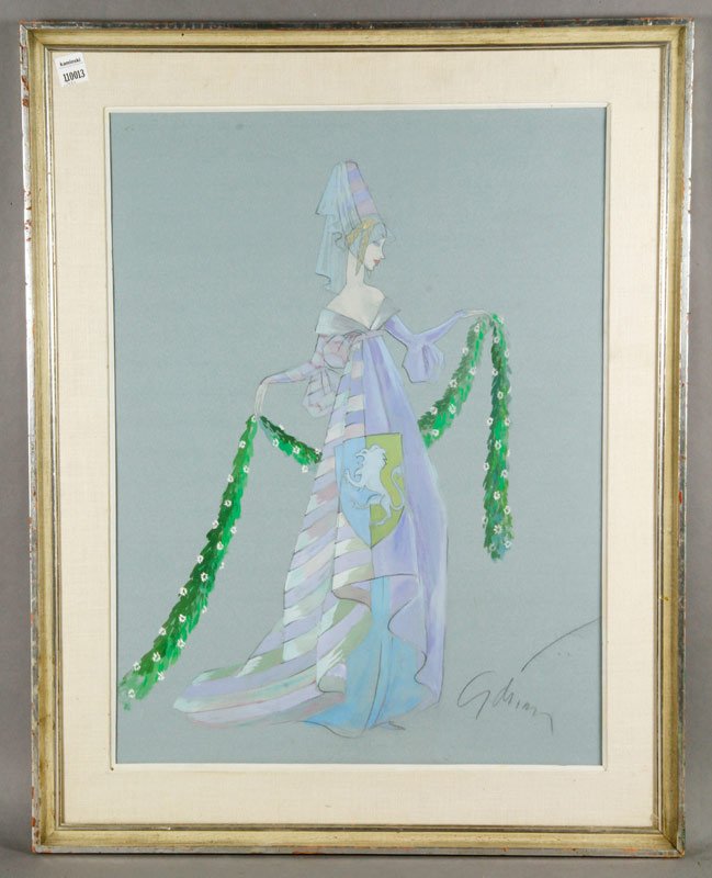 Costume Design, Gouache: Costume design, gouache or watercolor, signed lower right, Louis Adrian, husband of Mary Martin, 23" x 17".