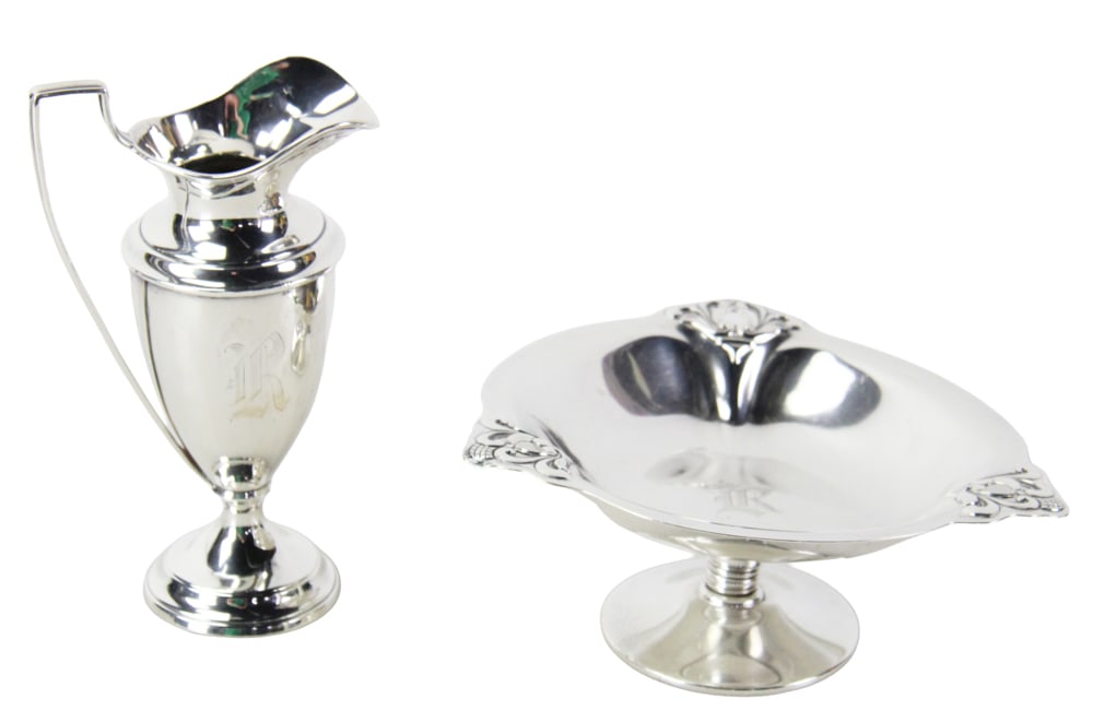Sterling Royal Danish Compote, Pitcher: Two sterling hollowware pieces, to include: Royal Danish compote, 2 3/4" H x 7 1/4" diameter; pitcher, 7" H. Approximately 14.3 troy oz TW. Provenance: New York estate. PLEASE NOTE: payment for