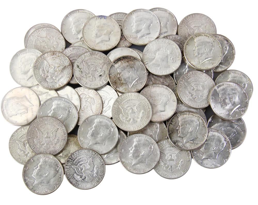 Kennedy 1964 Half Dollars: Kennedy silver half dollars, 1964, (41) total. Approximately 20.63 troy oz TW. Provenance: Beverly, Massachusetts collection. PLEASE NOTE: payment for silver, gold, jewelry, and coins must be made via