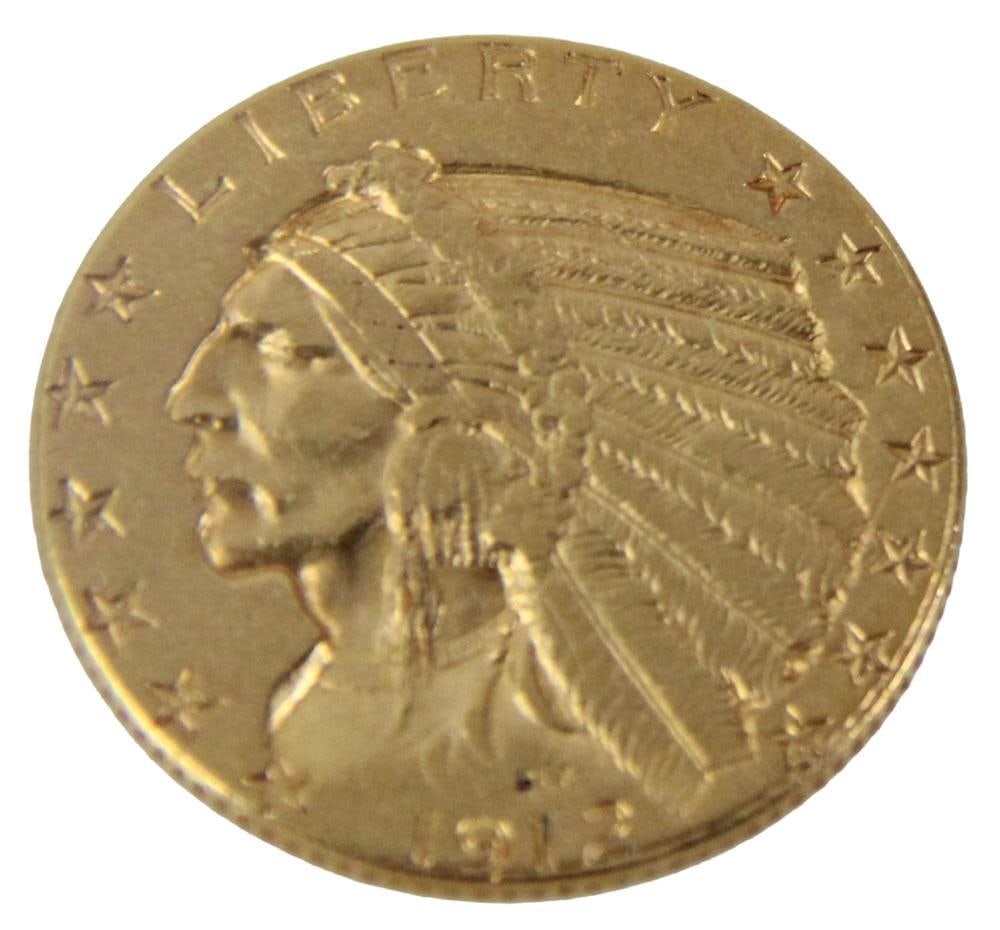 1912 US 5-Dollar Gold Coin, BLP: 1912 US 5-dollar gold coin. BLP mint. Provenance: Beverly, Massachusetts collection. PLEASE NOTE: payment for silver, gold, jewelry, and coins must be made via wire transfer, cash, or certified bank c