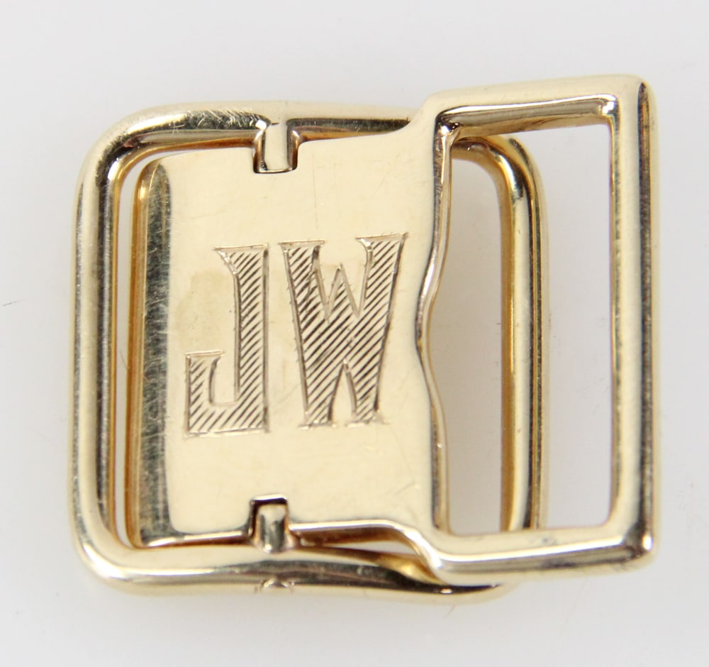 Tiffany and Co. Makers 14k Gold Belt Buckle: Tiffany and Co. Makers 14k gold belt buckle, #19375, intialed "JW", 1 1/4" x 1 1/4". approximately 28.1 grams TW. Provenance: New York estate. PLEASE NOTE: payment for silver, gold, jewelry, and coins