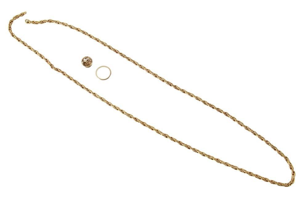 Group of 10k, 14k, and 18k Gold Jewelry: Group of 10k, 14k, and 18k gold jewelry, to include: 18k chain, no clasps, indistinct hallmark, 31 3/4" L, approximately 67.1 grams; 14k band, size 5 1/4, approximately 1.4 grams; 10k stud button, app