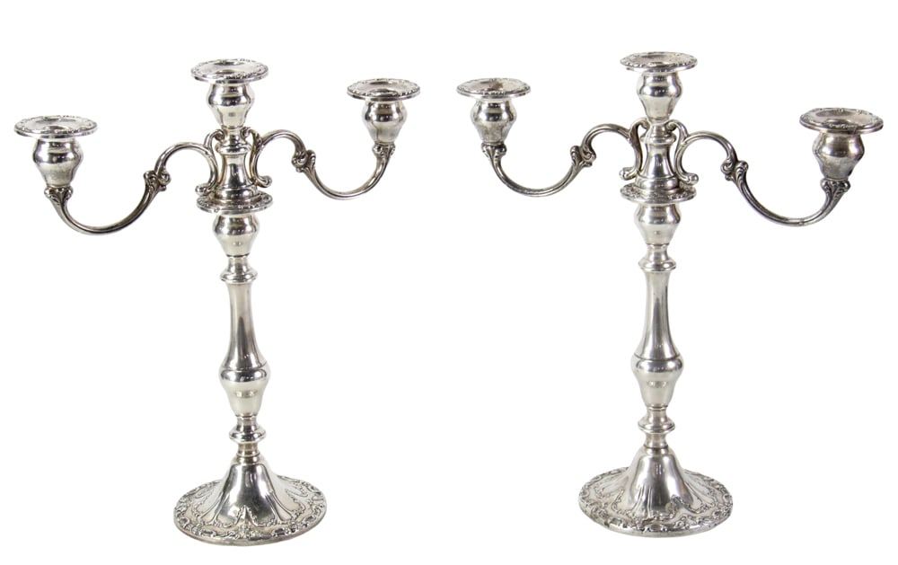 Pair of Sterling Candelabra: Pair of sterling candelabra, 19" x 12". Approximately 58.13 troy oz TW. Provenance: North Bay Village, Florida collection. PLEASE NOTE: payment for silver, gold, jewelry, and coins must be made via wi
