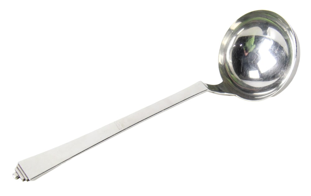 Georg Jensen Sterling Ladle: Georg Jensen sterling ladle, approximately 11" L. Approximately 6.3 troy oz TW. Provenance: La Jolla, California collection. PLEASE NOTE: payment for silver, gold, jewelry, and coins must be made via 