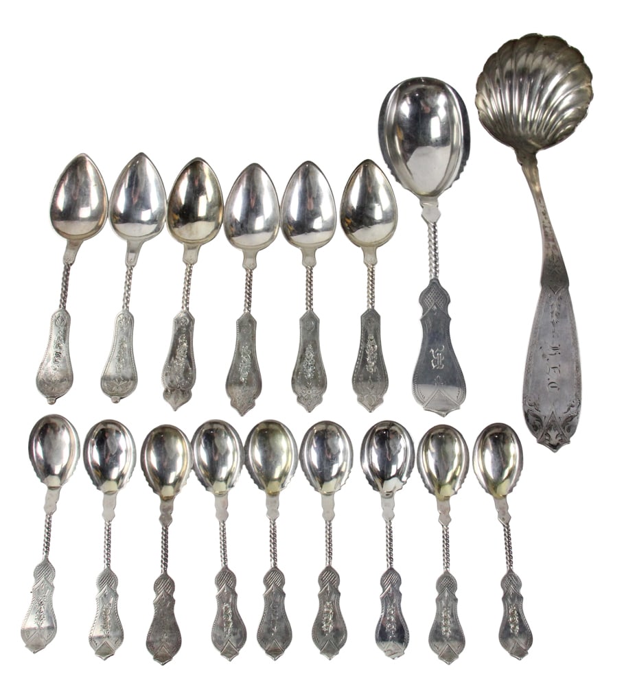 Duhme Coin Silver Flatware, Ladle, Spoons: Duhme coin silver flatware, to include: engraved ladle, approximately 11" L; engraved twist handle serving spoon, 9 1/2" L; (15) engraved twist handle spoons. Approximately 17.8 troy oz TW.