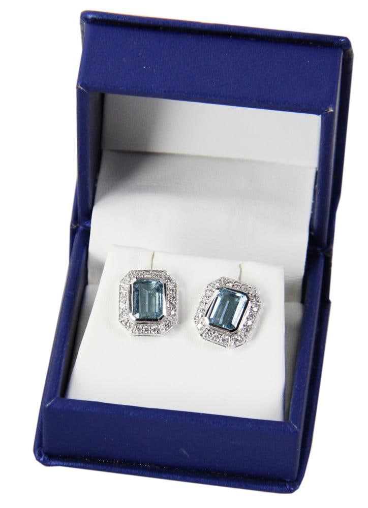 14k White Gold, Aquamarine, and Diamond Earrings: 14k white gold, aquamarine, and diamond earrings with GAL lab report, approximately 2.60 cts. Replacement value $3000. Provenance: Fairfield, Connecticut collection. PLEASE NOTE: payment for silver, g