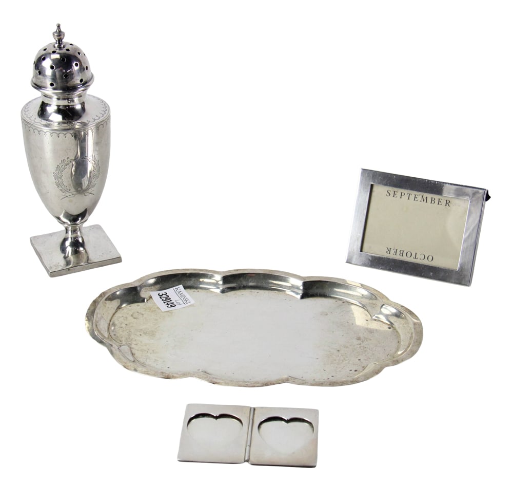 Assorted Sterling Items, Tiffany Frames: Assorted sterling silver items, including Tiffany frames. Approximately 14.0 troy oz TW. Provenance: Stockton, Maine estate. PLEASE NOTE: payment for silver, gold, jewelry, and coins must be made via