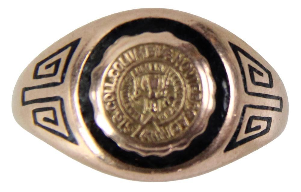 10k Yellow Gold and Black Enamel "Columbia" Class Ring: 10k yellow gold and black enamel class ring, "Columbia", size 9. Approximately 7.4 grams TW. Provenance: New York estate. PLEASE NOTE: payment for silver, gold, jewelry, and coins must be made via wir