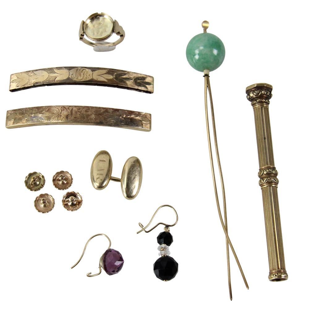 14k Yellow Gold Cufflinks, Ring, etc.: 14k yellow gold cufflinks, mechanical pencil frame, ring, etc. Approximately 67.8 grams TW. Provenance: New York estate. PLEASE NOTE: payment for silver, gold, jewelry, and coins must be made via wire